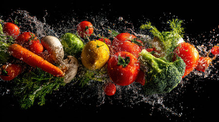 An assortment of fresh vegetables, including tomatoes, broccoli, and carrots, is captured mid-splash against a dark backdrop. The image showcases vibrant colors with water droplets adding a dynamic effect. This visual is suitable for depicting healthy eating, culinary themes, and design projects.の素材