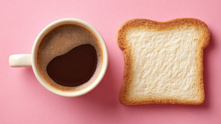 An overhead view displays a mug of coffee next to a slice of toast on a pink surface. The coffee presents a dark, rich color with a foamy texture, and the toast is golden brown with a rough surface. This visual may be suitable for food-related projects, morning routines, or lifestyle publications.の素材