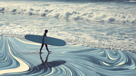 A surfer is seen walking along the shoreline carrying a surfboard. The image showcases blue and white tones with a creative, swirling water effect. The composition highlights the ocean waves, suggesting a beach environment during daylight. This image is suitable for various commercial purposes such as advertising or editorial use.の素材