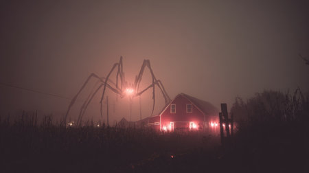 An enormous mechanical spider creature stands behind a rural farmhouse. The scene is enveloped in a thick fog under a darkening sky, creating a spooky atmosphere. The visual characteristics include muted colors and dramatic lighting. This image could be used for fantasy concepts or horror-themed projects.の素材