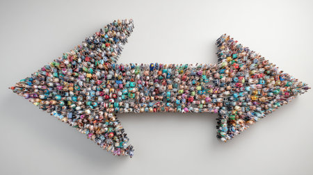 An arrow comprised of numerous people facing opposing directions is set against a simple backdrop. This image showcases a vibrant mosaic of colors and textures, suggesting diversity. The composition and overhead lighting provide clarity, making it suitable for various conceptual projects and commercial applications.の素材