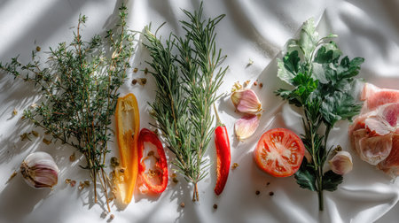 An assortment of fresh herbs and colorful vegetables is artfully arranged on a white fabric surface. The composition features vibrant reds, greens, and yellows, with soft lighting enhancing the textures. This image is suitable for illustrating food preparation, healthy eating, and culinary themes in various media.の素材