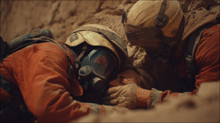 Two rescue workers in protective gear provide aid to a person. The scene features warm tones, hinting at indoor or enclosed spaces. The composition focuses on interaction and care, suggesting emergency response scenarios. This image is suitable for illustrating themes related to crisis management or humanitarian assistance.の素材