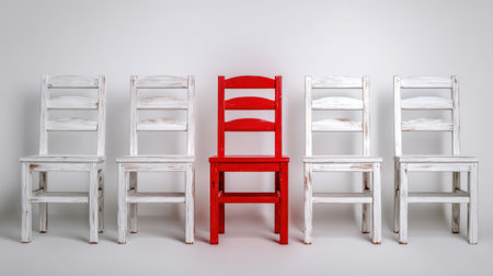Five wooden chairs are arranged in a row against a plain white background. Four chairs are white, and one chair stands out with its vibrant red color. The studio shot utilizes direct lighting. Suitable for advertising and editorial projects.の素材