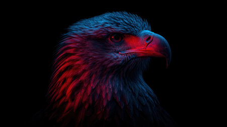 An eagle's head is depicted in a striking portrait, illuminated with vivid red and blue light against a dark background. The image showcases the textures of feathers and the bird's strong features. This dramatic composition could be suitable for various commercial or editorial applications.の素材