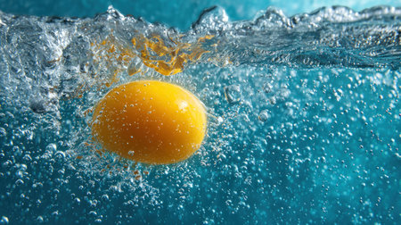 A vibrant yellow lemon is captured mid-splash as it enters clear, turquoise water. The image displays a close-up composition, highlighting the interaction between the fruit and the liquid environment, producing dynamic bubbles. This visual could be used in advertising material or editorial content related to beverages, health, and wellness.の素材