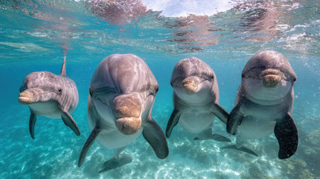 A group of dolphins swims in clear, turquoise water, captured from a low angle. The image showcases the sleek, gray bodies of the dolphins against the bright, sunlit water. The composition highlights the aquatic environment with possible applications in nature, marine life, and educational content.の素材
