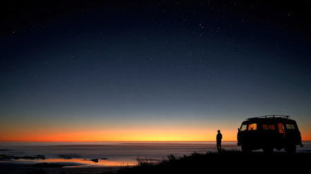 A silhouette depicts a person and a vehicle against a vibrant twilight sky, with hues of orange, blue, and black. The composition highlights a sense of vastness and contemplation. Suitable for various creative projects, including travel, adventure, or lifestyle-related editorial content, or commercial projects.の素材