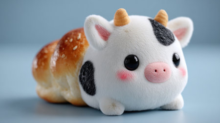 A charming, stylized image showcases a cow-shaped bread roll, set against a soft blue backdrop. The object features a combination of white, black, and brown colors, with a smooth texture. The composition suggests an indoor setting with diffused lighting. It's suitable for various commercial purposes, including advertising and editorial content.の素材