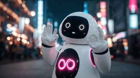 A white robot with a smiling face and glowing details stands on a street with its arms raised. The image showcases soft lighting and a modern aesthetic. It suggests futuristic concepts and could be used for technology, design, or commercial projects. The scene has blurred backgrounds.の素材