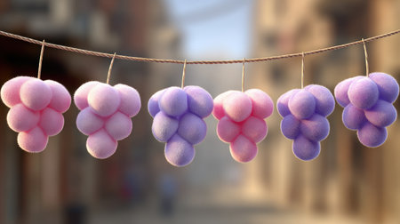 Six colorful bunches of grapes are suspended from a thin string against a soft, out-of-focus background. The grapes exhibit a stylized, rounded form with various shades of pink and purple. The composition features soft lighting and a blurred backdrop, suitable for commercial or artistic applications.の素材