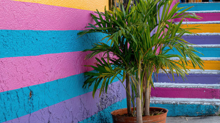 A vibrant green plant in a terracotta pot stands before a wall painted with horizontal stripes of blue, pink, and purple. The composition showcases a plant with lush green leaves. The scene evokes a casual style, possibly outdoors on a bright day. Suitable for various visual communication projects.の素材