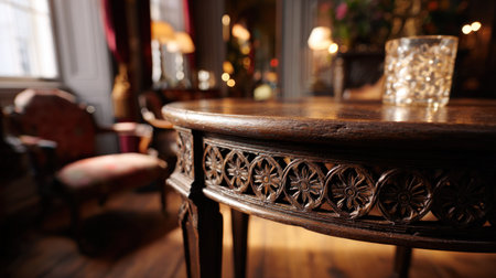 A detailed shot highlights an antique wooden table with detailed floral patterns. The table, bathed in warm lighting, appears to be inside a room. The composition includes other blurred furniture and decor, suggesting a classic interior design. This image could serve for various commercial and editorial projects.の素材