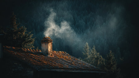A close-up view depicts a rooftop with a chimney expelling smoke. The image showcases the textures of the roof and rising smoke. The scene appears outdoors, in a natural environment, likely during the evening or night. The image could be suitable for various commercial or editorial uses.の素材