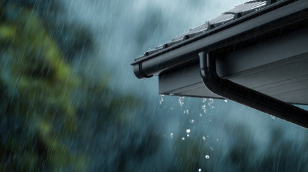 Raindrops fall from a dark-colored roof gutter in this photograph. The scene features a shallow depth of field, with the focus on the water and building detail. The blurred backdrop suggests an outdoor location during inclement weather. Suitable for use in projects about weather, nature, or environmental topics.の素材