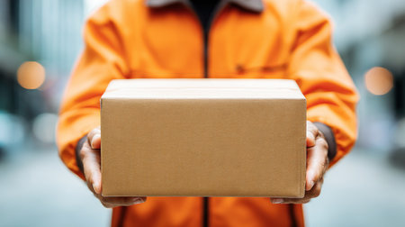 An individual in an orange uniform extends a cardboard box towards the viewer. The image features soft lighting and a blurred background suggesting an urban environment. This photograph could be utilized for various commercial and editorial projects, conveying themes of service and distribution.の素材