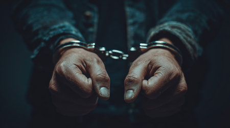 This image showcases a close-up of a person's hands secured by handcuffs. The composition highlights the hands against a dark backdrop. The overall mood conveys themes of confinement, authority, or criminality. It may be suitable for illustrating topics related to law, crime, or justice in various editorial or commercial contexts.の素材