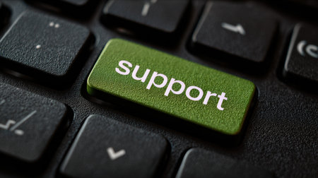 A close-up photograph showcases a vibrant green support key on a black keyboard. The image highlights the texture of the keys and the contrast between colors. The composition is a macro shot, focusing on the detail. Suitable for illustrating technology, communication, or customer service themes, it can be used for various commercial purposes.の素材