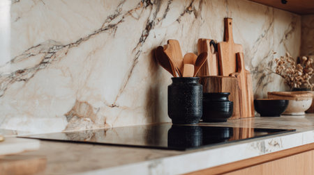 A well-lit interior showcases a contemporary kitchen setup. The focal point is a marble backsplash with dark utensils and wooden cutting boards. Warm lighting creates inviting ambiance. This image is suitable for various commercial purposes, including home decor and lifestyle themes.の素材