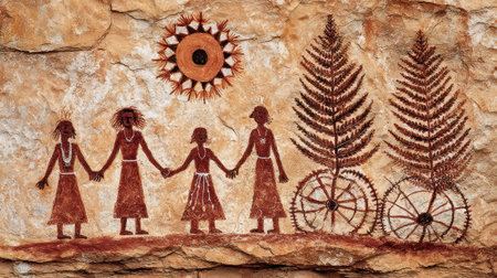 This image features ancient rock art depicting several figures holding hands. The artwork showcases simplified human forms and abstract symbols, including a sun and stylized plants. The composition uses earth tones, possibly indicating an outdoor environment. Suitable for editorial purposes or use in educational materials.の素材