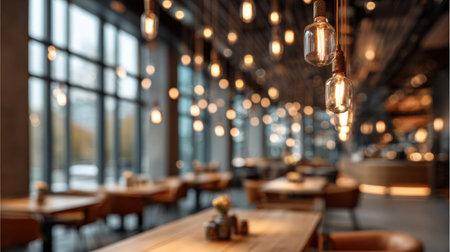 The image presents a blurred interior view of a contemporary dining space. The scene features multiple tables and chairs, illuminated by numerous hanging light fixtures. The color palette primarily consists of warm tones, with wooden elements and ambient lighting. This image may be suitable for illustrating concepts related to hospitality or interior design.の素材