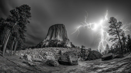 A striking black and white image features a large rock formation under a dynamic sky. Jagged lightning illuminates the scene. The composition includes trees and rocky terrain. The photograph's contrast and dramatic lighting would be useful for various editorial and promotional projects.の素材