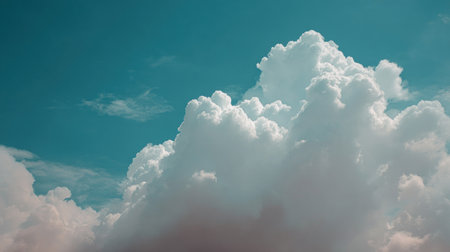 Fluffy white clouds billow against a backdrop of a vibrant teal sky. The composition emphasizes texture, with detailed cloud formations lit by soft daylight. This image evokes feelings of tranquility and could be used for various commercial or editorial applications such as backgrounds or illustrating concepts related to nature and weather.の素材