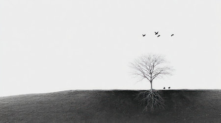 A grayscale image presents a lone tree with exposed roots on a gentle slope beneath a bright, featureless sky. Silhouetted birds add a sense of movement to the tranquil landscape. This minimalist composition, with its stark contrasts, suggests potential uses in editorial, design, and artistic applications.の素材