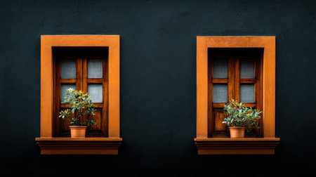 Two windows with wooden frames and closed shutters are centered against a dark blue background. Each window features a potted plant on its sill. The image uses natural light and exhibits a symmetrical composition. Suitable for design, decorative, or architectural projects, this image could be utilized for various commercial purposes.の素材
