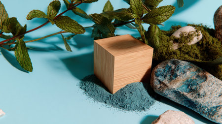 A wooden cube rests amidst an arrangement of natural elements. The composition includes green leaves, textured stones, and a scattering of blue powder against a light blue backdrop. The image is brightly lit, showcasing detailed textures. It could be useful for projects related to wellness, natural products, or conceptual design.の素材