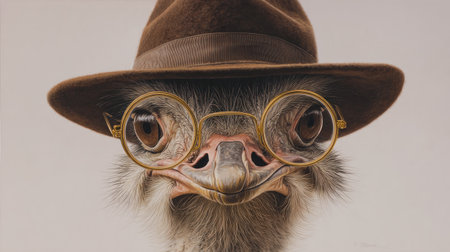 A close-up portrait presents an ostrich wearing a brown fedora and round spectacles, creating a whimsical and surreal image. The feathers display a mix of textures and hues, with neutral tones in the background. This amusing composition could be useful for various creative projects, including editorial features and commercial advertising.の素材