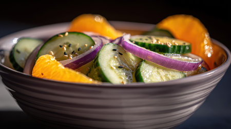 This close-up image showcases a vibrant salad arrangement. It features fresh cucumber slices, red onion rings, and orange segments, artfully arranged in a ceramic bowl. The composition is lit by natural light, highlighting the textures and colors of the ingredients. This image could be suitable for culinary blogs or food-related marketing materials.の素材