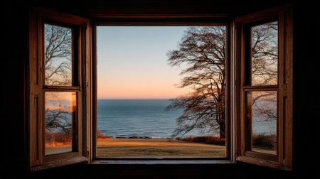 An open wooden window frames a scenic coastal view. The image shows a serene ocean meeting a colorful sunset. Silhouette trees stand on a grassy foreground. The lighting suggests late afternoon. Suitable for illustrating travel, nature, or environmental themes in various visual projects.の素材
