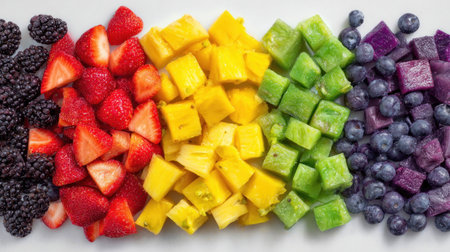 This image showcases a vibrant array of freshly cut fruit, meticulously arranged to display a rainbow of colors. The composition features diverse textures and shapes, with bright, natural lighting. Suitable for illustrating healthy eating, culinary concepts, and creative design projects. This could also be used to show the beauty of the natural world.の素材