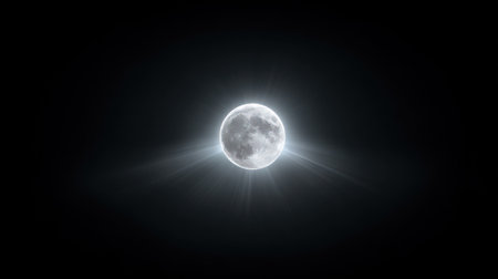 A radiant full moon dominates a dark sky, its surface detailed against a background of deep black. The celestial body is emitting a bright light. The overall visual style emphasizes contrast. This image is suitable for various commercial purposes, including illustrative and design applications.の素材