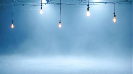 Five incandescent light bulbs are suspended from the ceiling against a solid, muted blue background. The scene suggests an indoor studio setting with atmospheric lighting. The composition provides copy space for visual design and offers potential for commercial use such as advertising or editorial projects.の素材