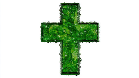 This image features a green plus sign covered in water droplets against a white backdrop. The plus symbol is textured, suggesting a natural or organic element. The composition is simple, with bright lighting. Suitable for medical, healthcare, or positive messaging. This visual can be applied to diverse commercial uses.の素材