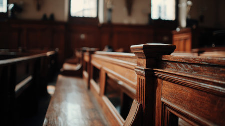 The image captures rows of wooden pews within an interior space, likely a historical building. The shot emphasizes the texture and craftsmanship of the wood, with warm tones and soft lighting. This composition could be used for illustrating themes related to history, faith, or architectural design in various commercial or editorial contexts.の素材