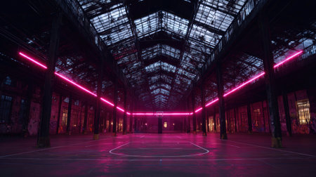 An interior space features an open layout with dark tones, contrasted by vibrant neon lights. The architecture includes a high ceiling with a grid-like structure, suggesting a large industrial setting. The composition uses symmetry with an empty floor in the foreground, and the scene is illuminated by artificial lighting, creating a modern mood for various applications.の素材