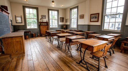 An interior shot showcases a classic classroom setting featuring wooden desks and chairs, arranged neatly. Large windows allow natural light to illuminate the space, highlighting the wood textures and warm tones. This image could be used for educational publications, historical references, or concepts related to learning environments.の素材