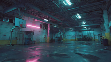 An indoor basketball court is illuminated by a combination of neon and overhead lighting, producing a moody atmosphere. The floor reflects the vibrant colors, suggesting recent rain or cleaning. The image features a stylized aesthetic, suitable for various editorial and commercial applications.の素材