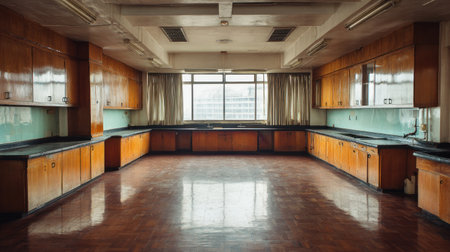 An interior space features wood paneling and cabinetry, along with a large window and curtains. The space's design includes light fixtures. It has a glossy wood floor. It could be used in design or architectural projects and for commercial illustrations and advertisements.の素材