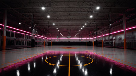 An interior shot reveals a basketball court bathed in neon pink and cool toned lighting. The scene highlights the glossy surface of the court and architectural details. The overall style is clean and modern, potentially suitable for promotional or editorial purposes related to sports or design.の素材