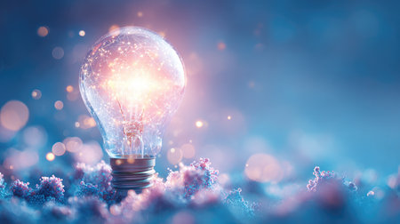 A luminous lightbulb is the central element of this image, radiating bright light. The scene showcases a soft, diffused color palette, predominantly blues and purples. Delicate bokeh accents enhance the artistic aesthetic. This image is suitable for illustrating themes related to innovation, creativity, and new ideas in a variety of commercial contexts.の素材