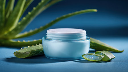 A close-up showcases a jar of cosmetic cream with fresh aloe vera leaves. The composition is set against a blue backdrop, emphasizing natural skincare elements. The lighting highlights the cream's texture and the plant's vibrant green, suggesting use in beauty or wellness projects.の素材