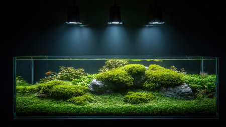 An aquarium showcases a thriving underwater ecosystem. Vivid green plants and moss cover rocks and the substrate. The dark background enhances the bright green tones. Focused lighting from above illuminates the scene. Suitable for illustrating nature, design, or decorative themes.の素材