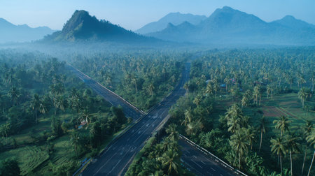 An aerial photograph showcases a road cutting through a verdant forest, leading towards distant mountains. The scene is enveloped in a soft blue haze, with dense foliage in various shades of green. The composition highlights a sense of vastness and depth, making it suitable for various commercial and editorial applications.の素材