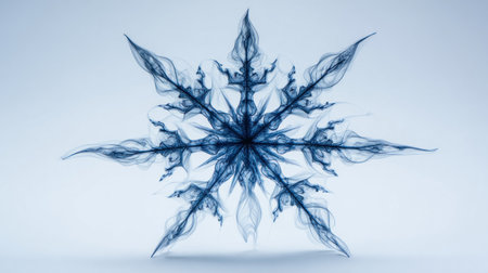 An artistic rendition presents a digital snowflake in shades of blue against a white backdrop. The detailed design features intricate patterns and textures. The composition, lit by soft lighting, is suitable for winter themes and can be used for various commercial projects and editorial content.の素材