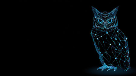 An illustration depicts an owl formed by interconnected points and lines, rendered in cool blue tones. The artwork presents a geometric style, set against a stark black background. It may be suitable for digital design, educational materials, or conceptual art projects, suitable for a range of commercial applications.の素材