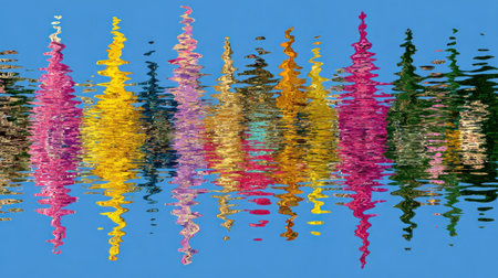 Abstract composition displaying mirrored reflections of colorful, vertical shapes on a watery surface. The vibrant palette includes shades of pink, yellow, and green. The smooth, rippled texture creates a dynamic effect against the bright blue backdrop. Suitable for various creative projects and design applications.の素材
